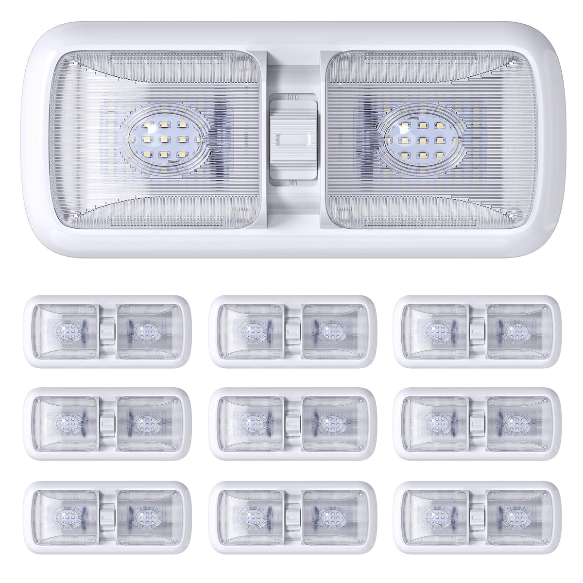 Leisure LED 12V RV LED Double Dome Light Rectangle Natural White On Off Switch Clear Lens 11 Inch (White)