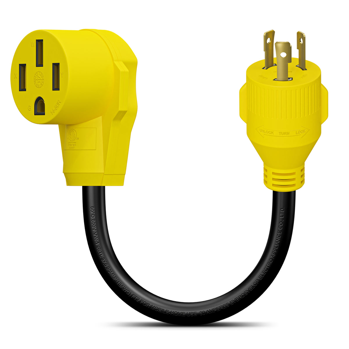 Leisure Cords 30AMP RV Dogbone Adapter Cord Generator NEMA L5-30P to TT-30R 12 Inch (Yellow)