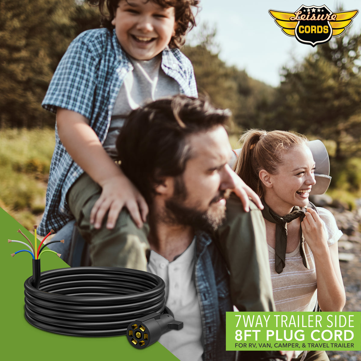 Leisure Cords 7 Way Inline Trailer Plug Extension Cord Wiring Harness 8 Feet (Black)