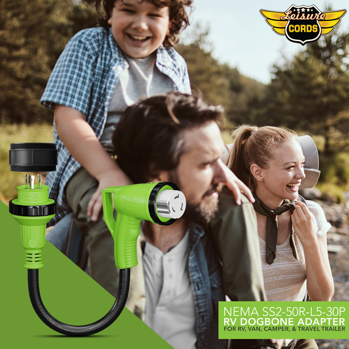 Leisure Cords 50AMP RV Dogbone Adapter Cord 90 Degree Handles Twist Locking Coupler NEMA L5-30P to SS2-50R 12 Inch (Green)