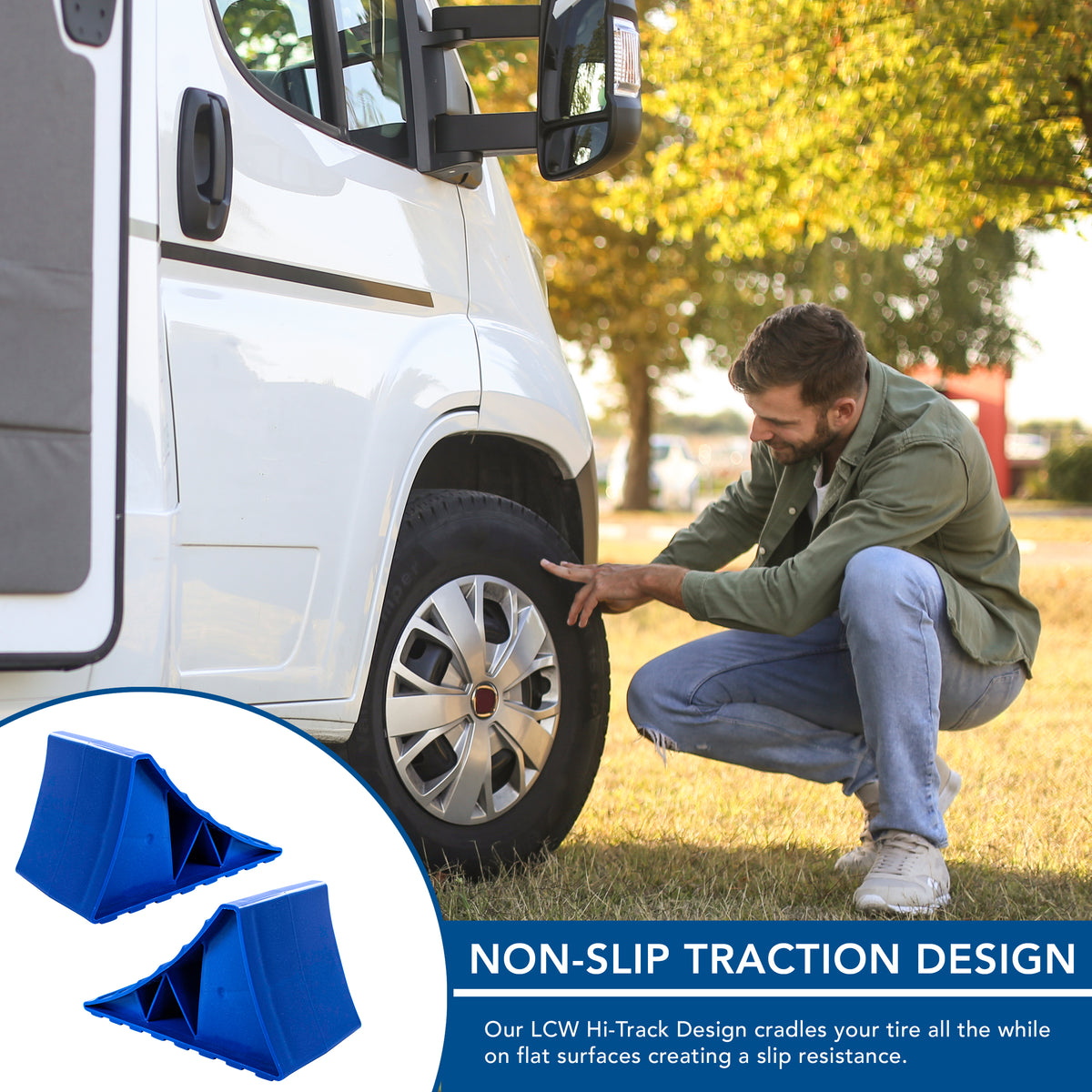 Leisure Coachworks RV Wheel Chock Replacement Kit Stopping Blocks for 26 Inch Diameter Motorhome Tires (Blue)