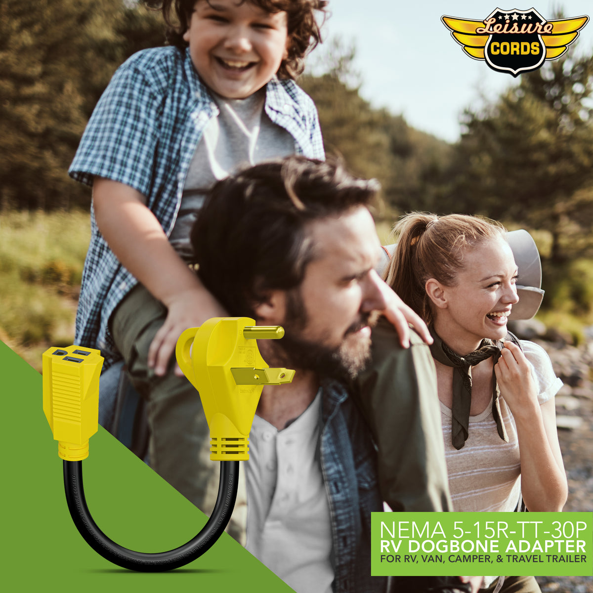 Leisure Cords 30AMP RV Dogbone Adapter Cord Standard NEMA TT-30P to 5-15R 12 Inch (Yellow)