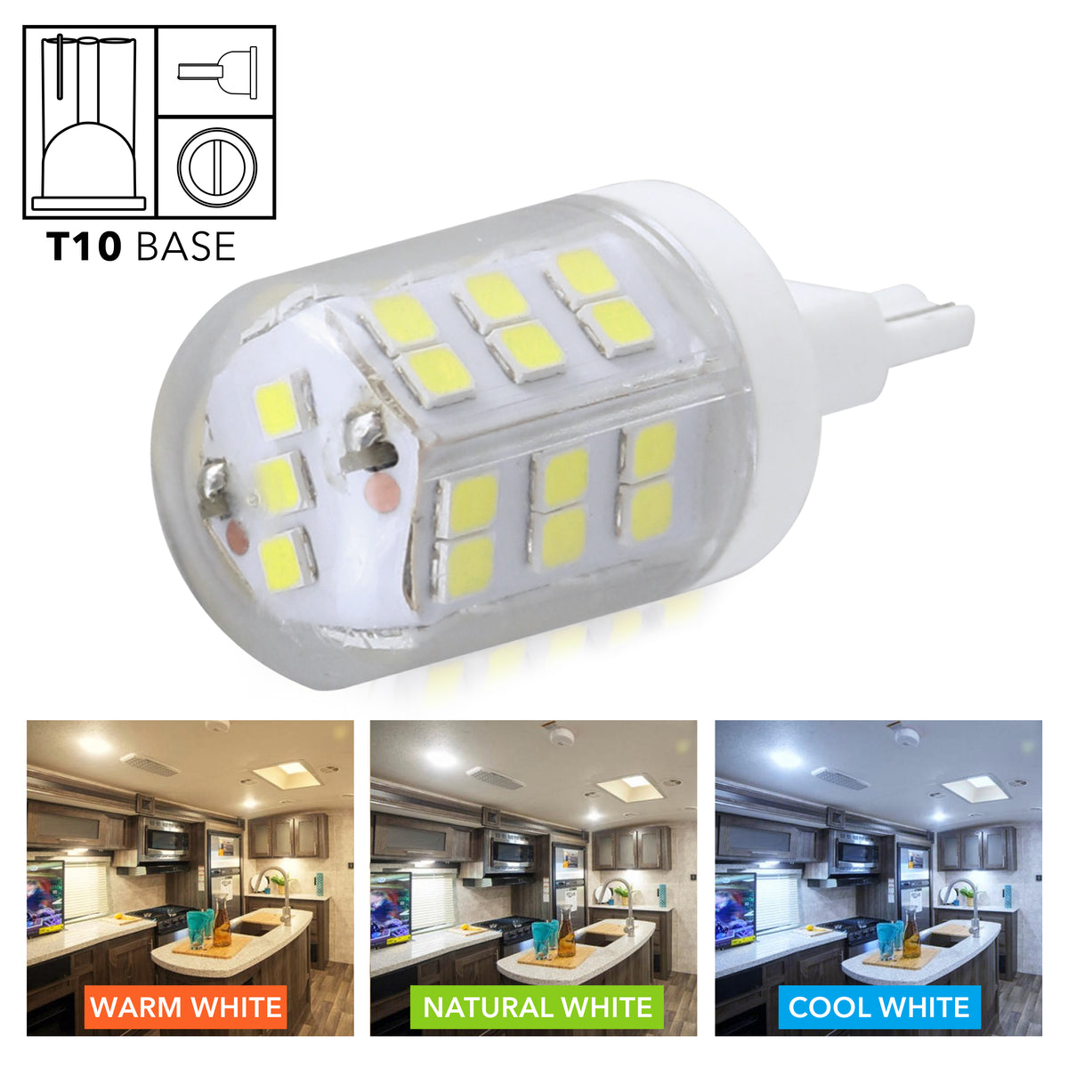 Leisure LED 12V RV Interior LED T10 Bulb Light Replacement Cool White for Ceiling Dome Light 470 Lumen 1.84 Inch (White)