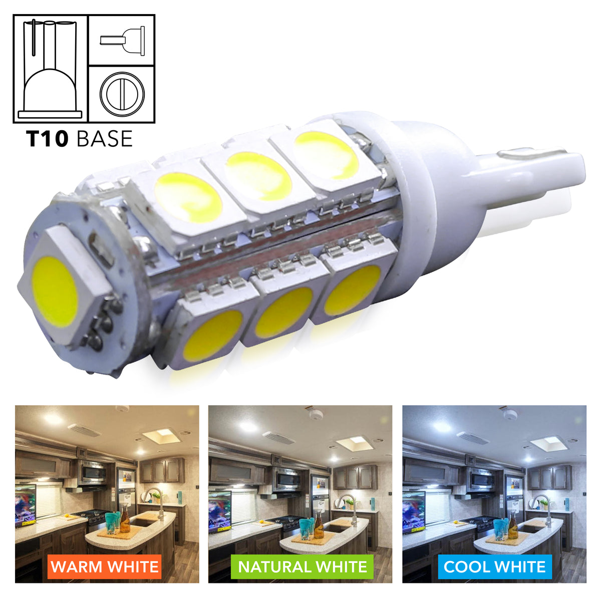 Leisure LED 12V RV Interior LED T10 Bulb Light Replacement Cool White for Ceiling Dome Light 190 Lumen 1.5 Inch (White)