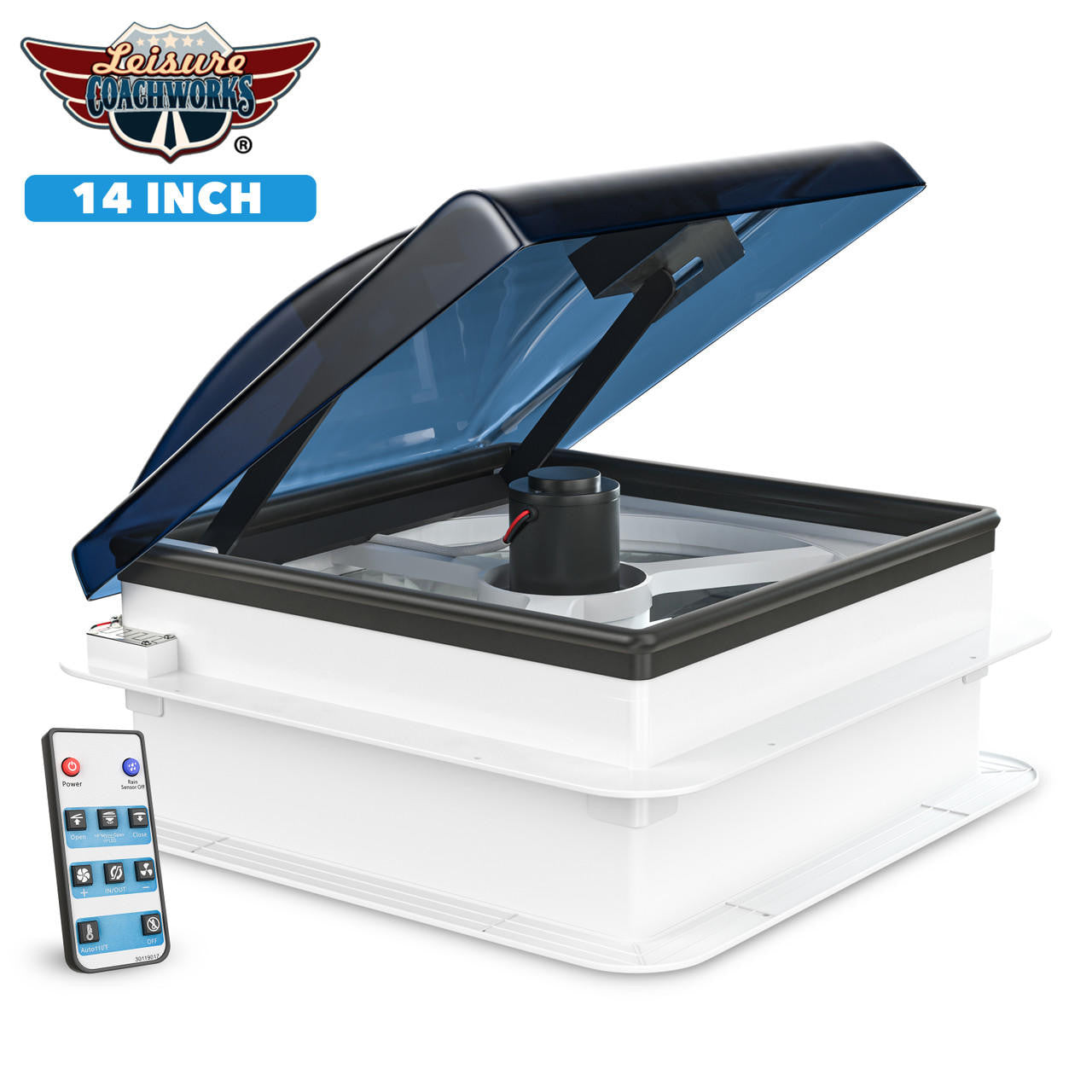 Leisure Coachworks RV Roof Vent Fan with 5 Speed Smoked Lid Rain