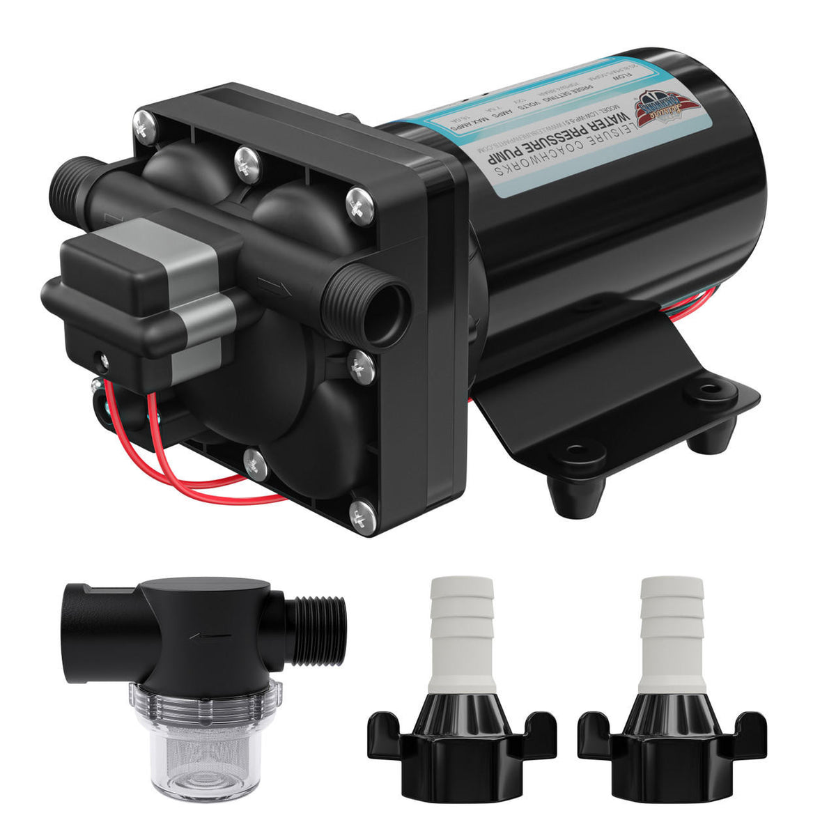 Leisure Coachworks 5.5 GPM Fresh Water Pump 12V DC Self Priming Diaphragm Water Pump with Adapters & Strainer Filter
