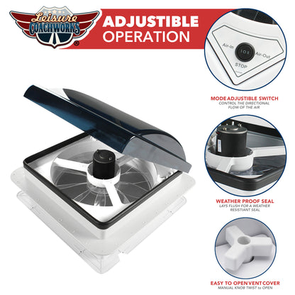 Leisure Coachworks RV Roof Vent Fan with 1 Speed Smoked Lid 14 Inch x 14 Inch (White)