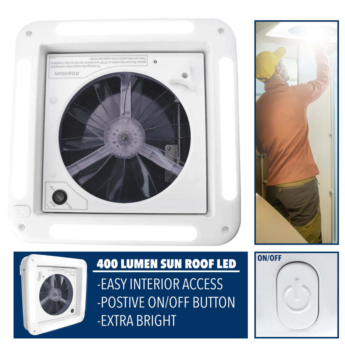 Leisure Coachworks RV Roof Vent Fan with LED Garnish Smoked Lid 11 Inch x 11 Inch (White)