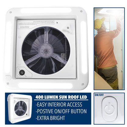 Leisure Coachworks RV Roof Vent Fan with LED Garnish Smoked Lid 11 Inch x 11 Inch (White)