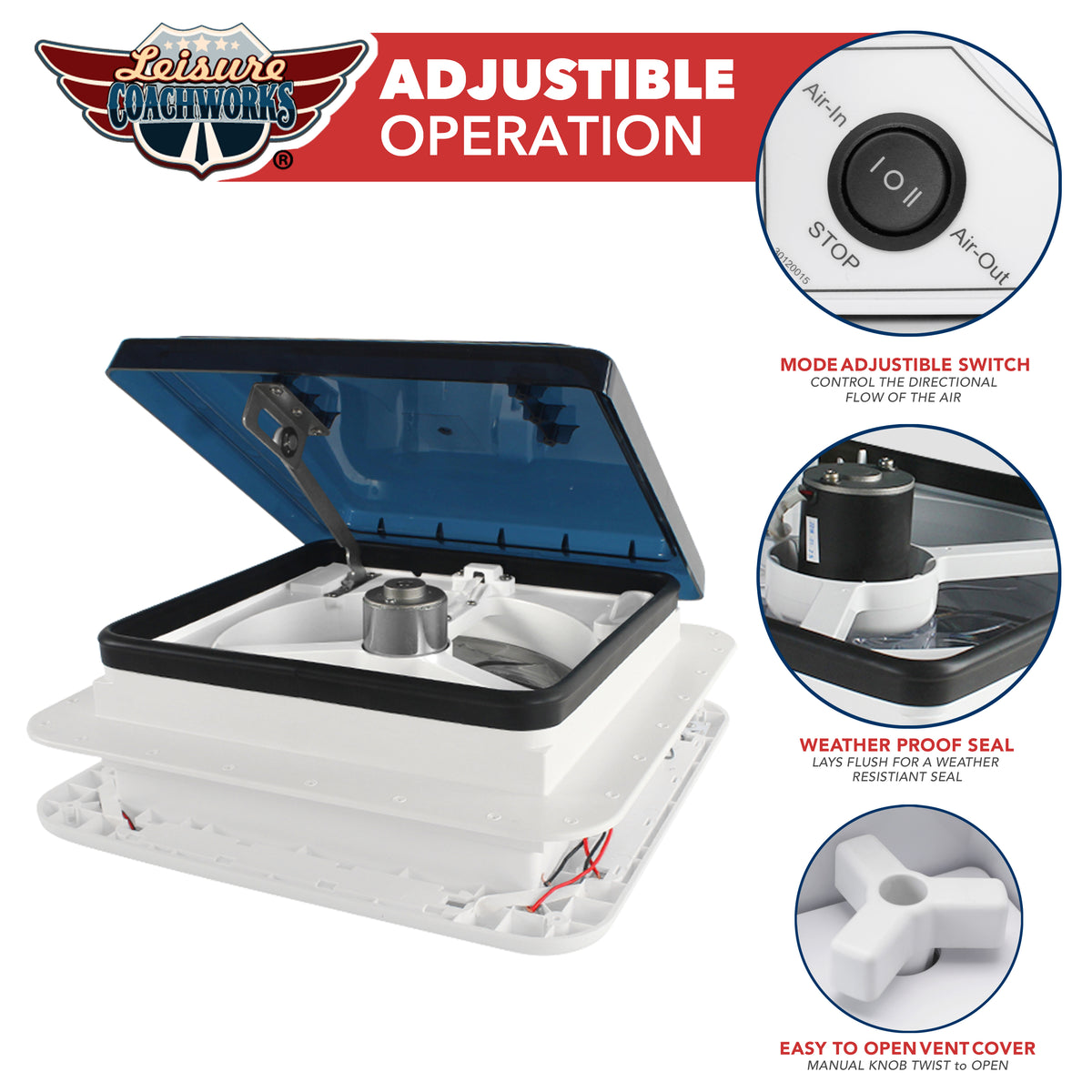 Leisure Coachworks RV Roof Vent Fan with LED Garnish Smoked Lid 11 Inch x 11 Inch (White)