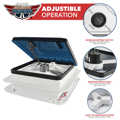 Leisure Coachworks RV Roof Vent Fan with LED Garnish Smoked Lid 11 Inch x 11 Inch (White)