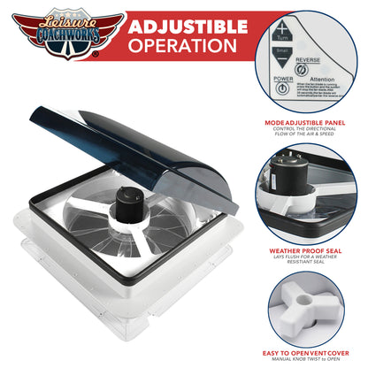 Leisure Coachworks RV Roof Vent Fan with 6 Speed Smoked Lid 14 Inch x 14 Inch (White)