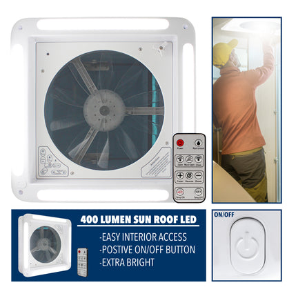 Leisure Coachworks RV Roof Vent Fan with LED Garnish Smoked Lid Rain Sensor 14 Inch x 14 Inch (White)