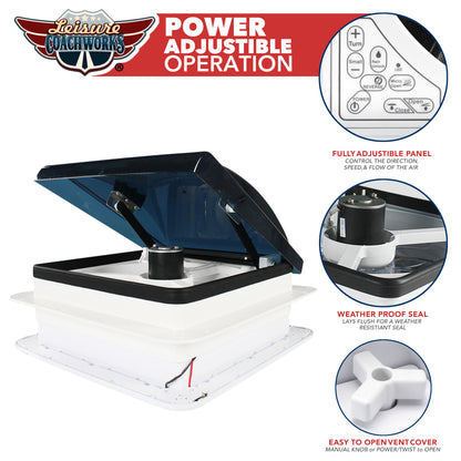 Leisure Coachworks RV Roof Vent Fan with LED Garnish Smoked Lid Rain Sensor 14 Inch x 14 Inch (White)