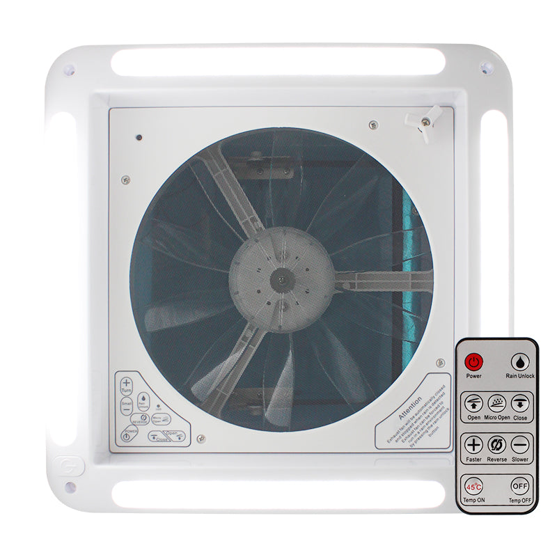 Leisure Coachworks RV Roof Vent Fan with LED Garnish Smoked Lid Rain Sensor 14 Inch x 14 Inch (White)