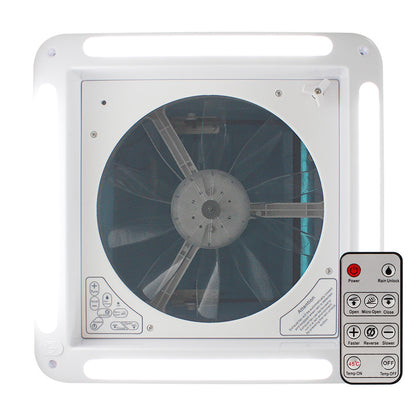 Leisure Coachworks RV Roof Vent Fan with LED Garnish Smoked Lid Rain Sensor 14 Inch x 14 Inch (White)