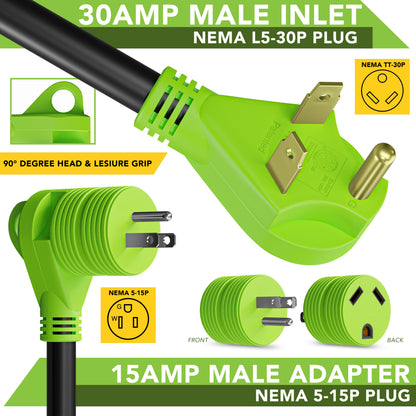 Leisure Cords 30AMP RV Extension Cord Standard 10 Foot (Green)