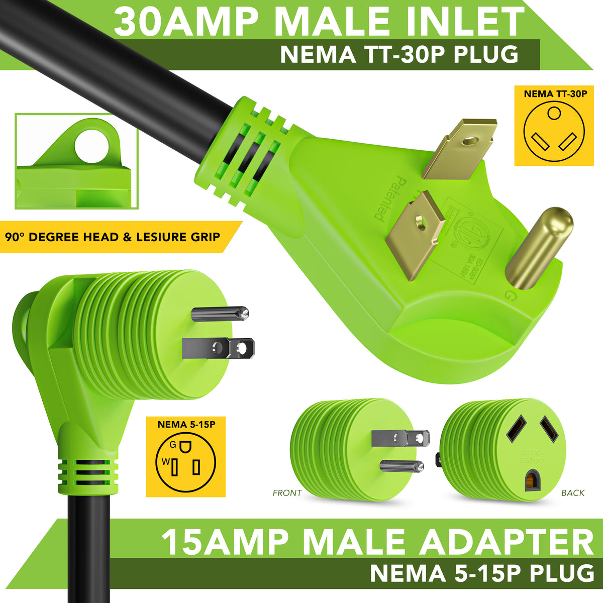 Leisure Cords 30AMP RV Extension Cord Twist Locking 10 Foot (Green)