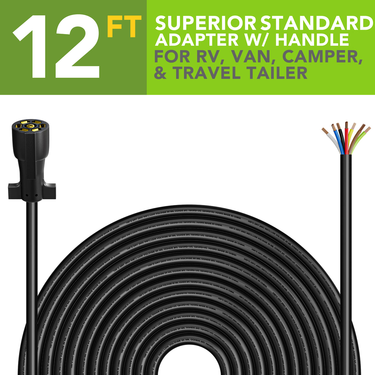 Leisure Cords 7 Way Inline Trailer Plug Extension Cord Wiring Harness 12 Feet (Black)