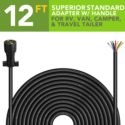 Leisure Cords 7 Way Inline Trailer Plug Extension Cord Wiring Harness 12 Feet (Black)