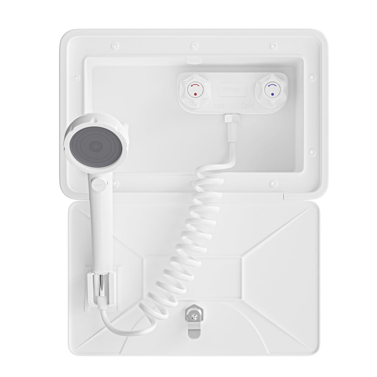 Leisure Coachworks RV Exterior Shower Box Kit for Cowboy Shower with Coiled Hose 13.38 Inch x 8.47 Inch (White)