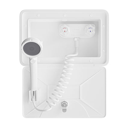 Leisure Coachworks RV Exterior Shower Box Kit for Cowboy Shower with Coiled Hose 13.38 Inch x 8.47 Inch (White)