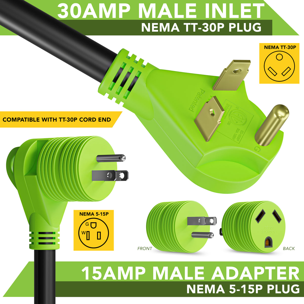 Leisure Cords 15AMP RV Electrical Adapter Standard NEMA 5-15P to TT-30R 3 Inch (Green)