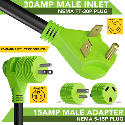 Leisure Cords 15AMP RV Electrical Adapter Standard NEMA 5-15P to TT-30R 3 Inch (Green)