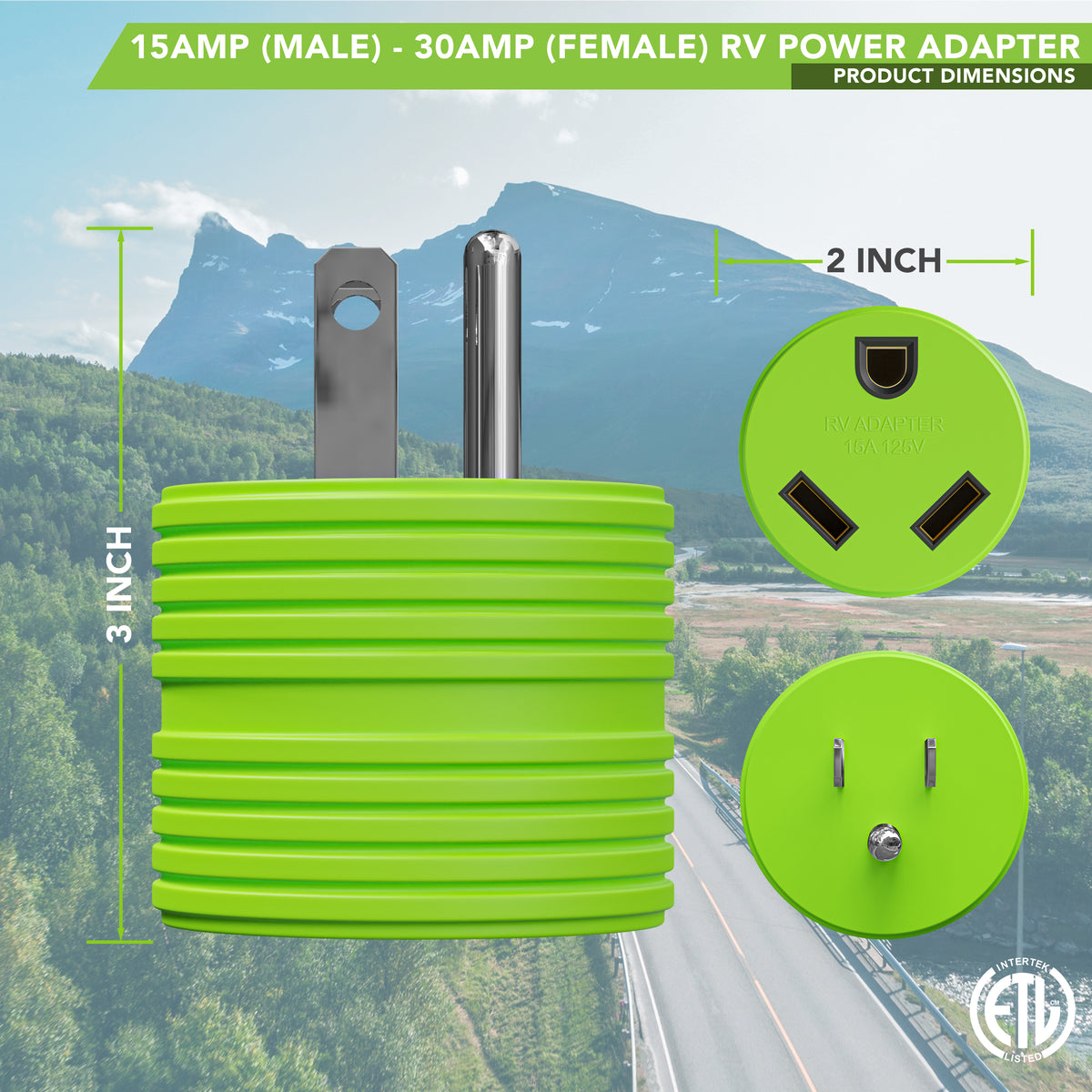 Leisure Cords 15AMP RV Electrical Adapter Standard NEMA 5-15P to TT-30R 3 Inch (Green)
