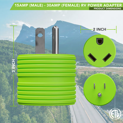 Leisure Cords 15AMP RV Electrical Adapter Standard NEMA 5-15P to TT-30R 3 Inch (Green)