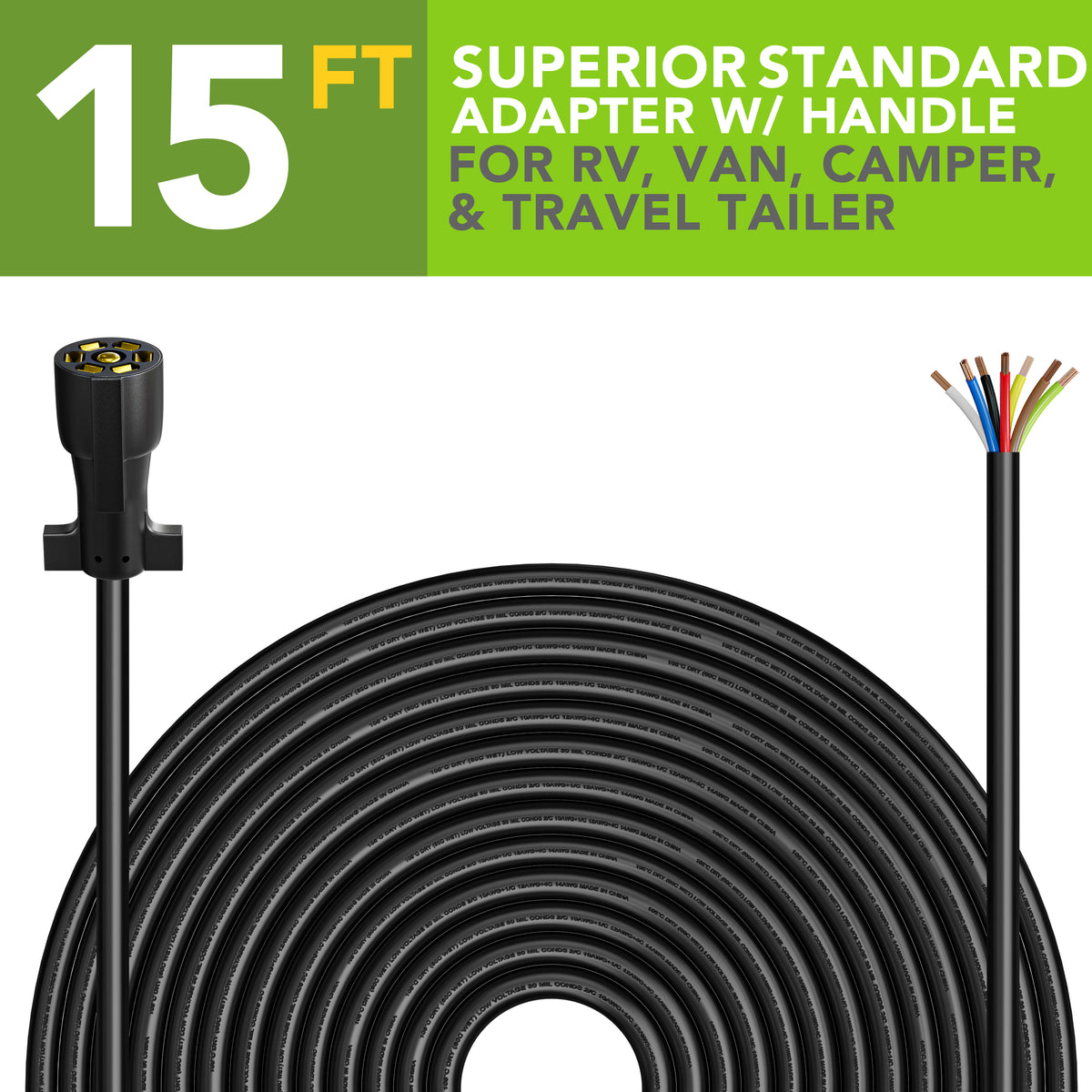 Leisure Cords 7 Way Inline Trailer Plug Extension Cord Wiring Harness 15 Feet (Black)