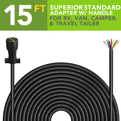 Leisure Cords 7 Way Inline Trailer Plug Extension Cord Wiring Harness 15 Feet (Black)