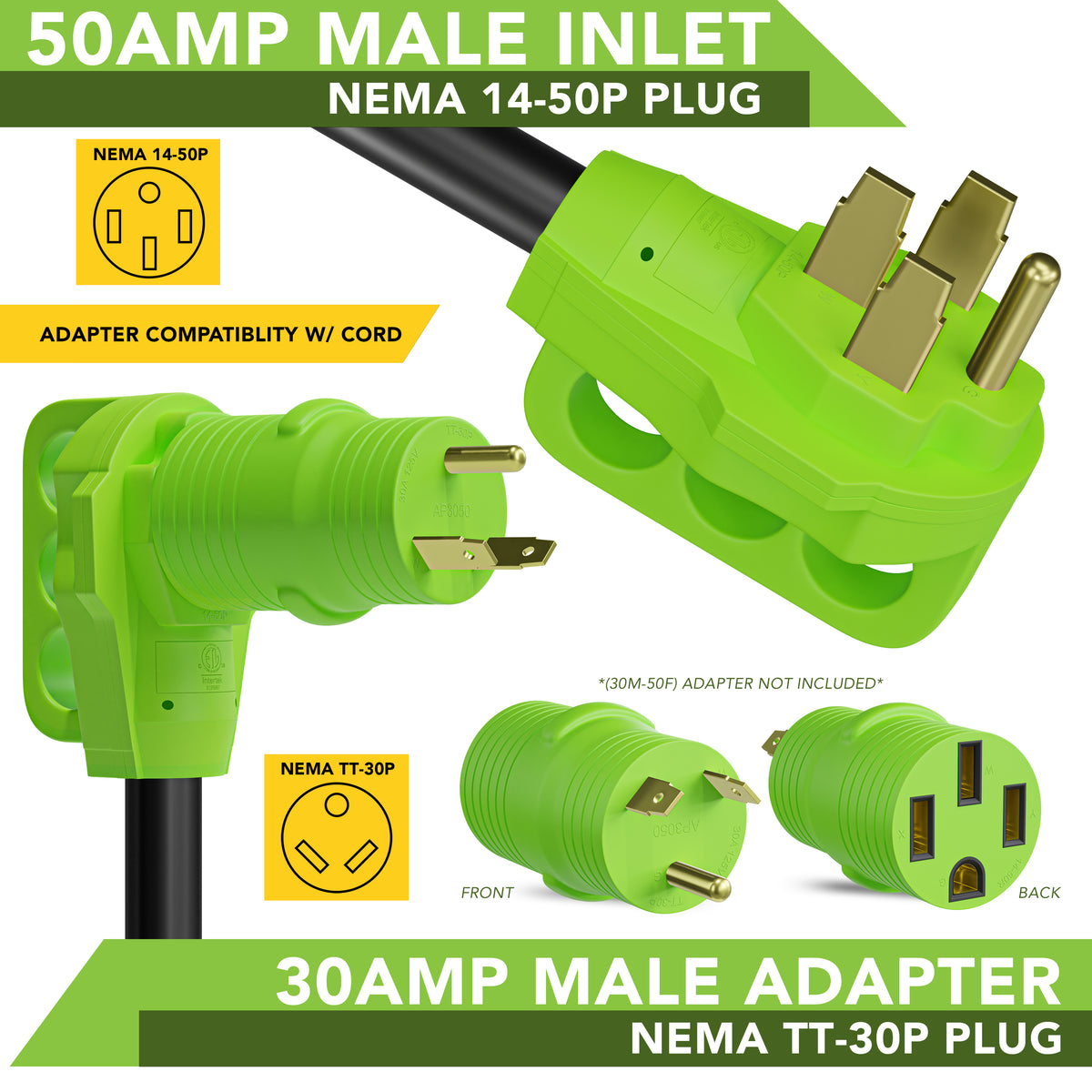 Leisure Cords 50AMP RV Extension Cord Standard 15 Foot (Green)