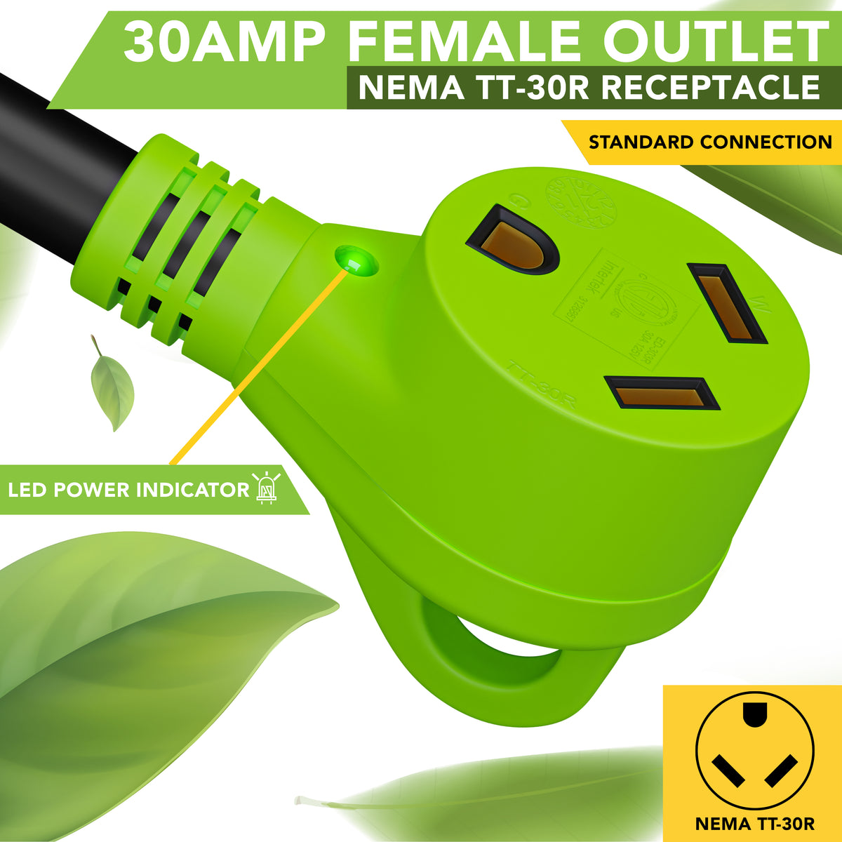 Leisure Cords 30AMP RV Extension Cord Standard 15 Foot (Green)