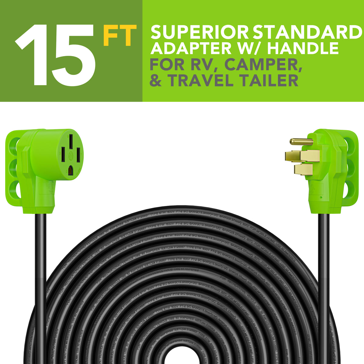 Leisure Cords 50AMP RV Extension Cord Standard 15 Foot (Green)