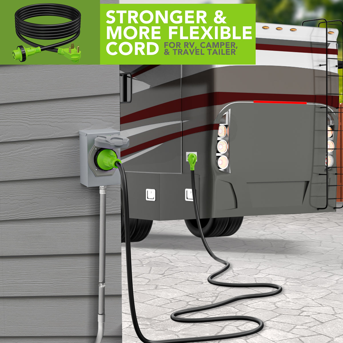 Leisure Cords 30AMP RV Extension Cord Twist Locking 15 Foot (Green)