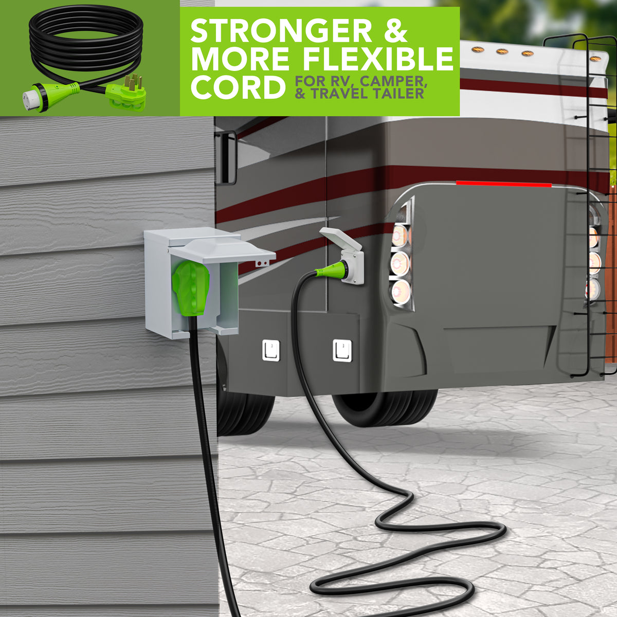Leisure Cords 50AMP RV Extension Cord Twist Locking 15 Foot (Green)