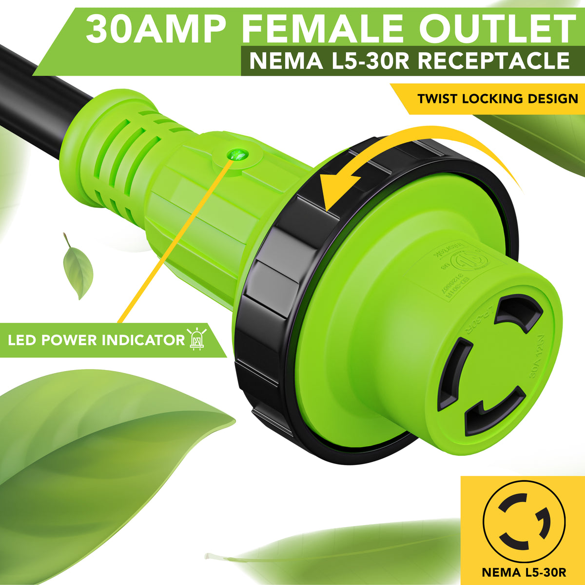 Leisure Cords 30AMP RV Extension Cord Twist Locking 15 Foot (Green)