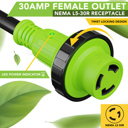 Leisure Cords 30AMP RV Extension Cord Twist Locking 15 Foot (Green)