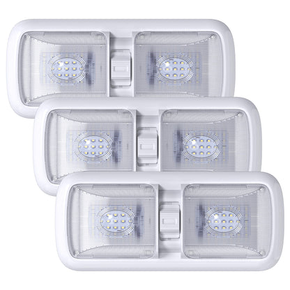 Leisure LED 12V RV LED Double Dome Light Rectangle Natural White On Off Switch Clear Lens 11 Inch (White)