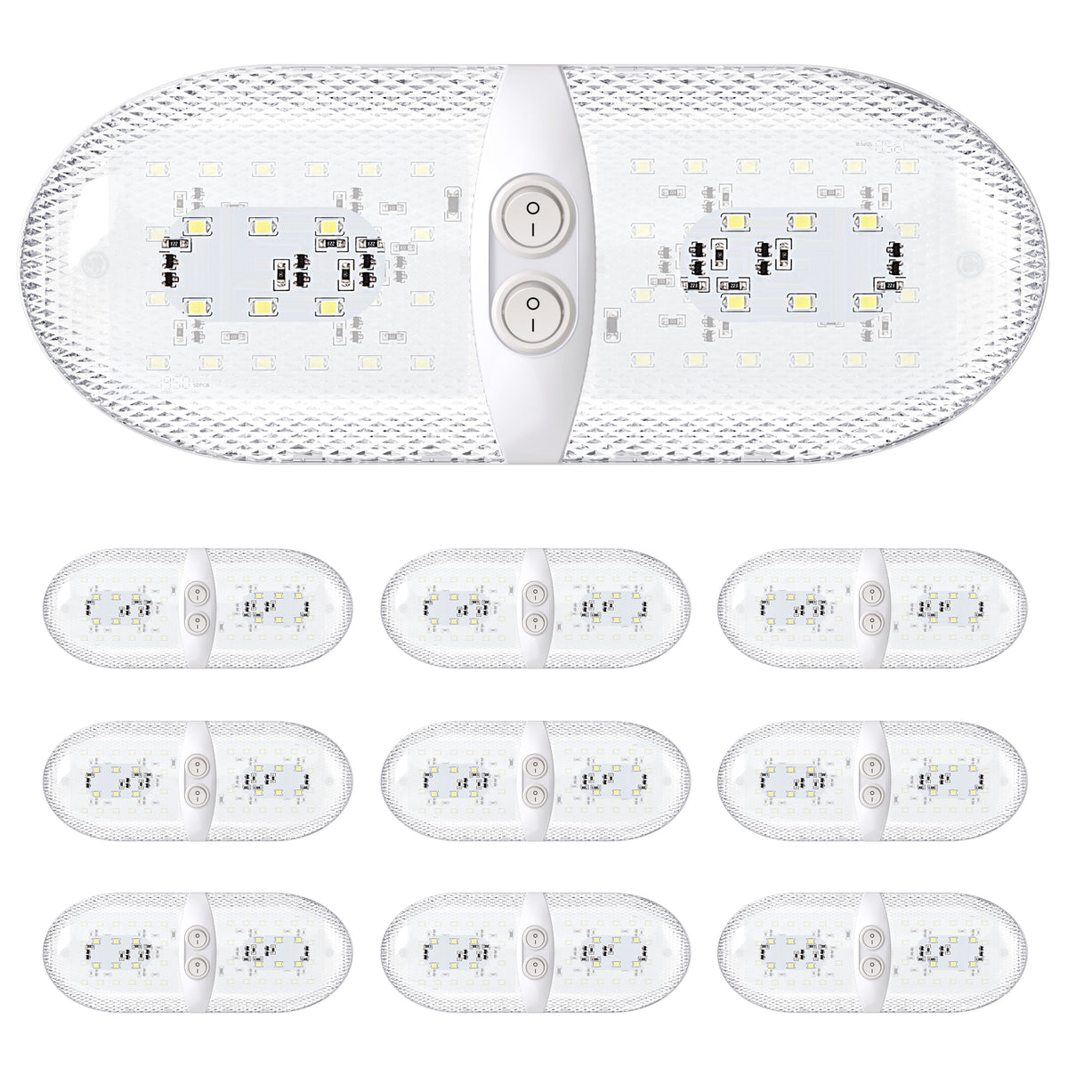 Leisure LED 12V RV LED Double Dome Light Natural White Double On Off Switch Clear Lens 11 Inch (White)