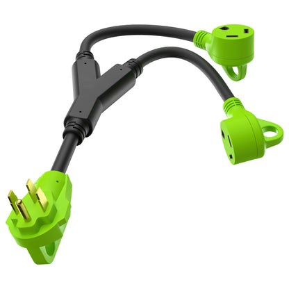 Leisure Cords 50AMP RV Y Adapter Cord 90 Degree Handle Standard NEMA 14-50P to TT-30R 24 Inch (Green)