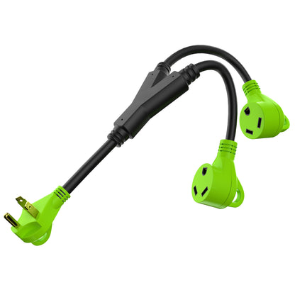 Leisure Cords 30AMP RV Y Adapter Cord 90 Degree Handle Standard NEMA TT-30P to TT-30R 24 Inch (Green)
