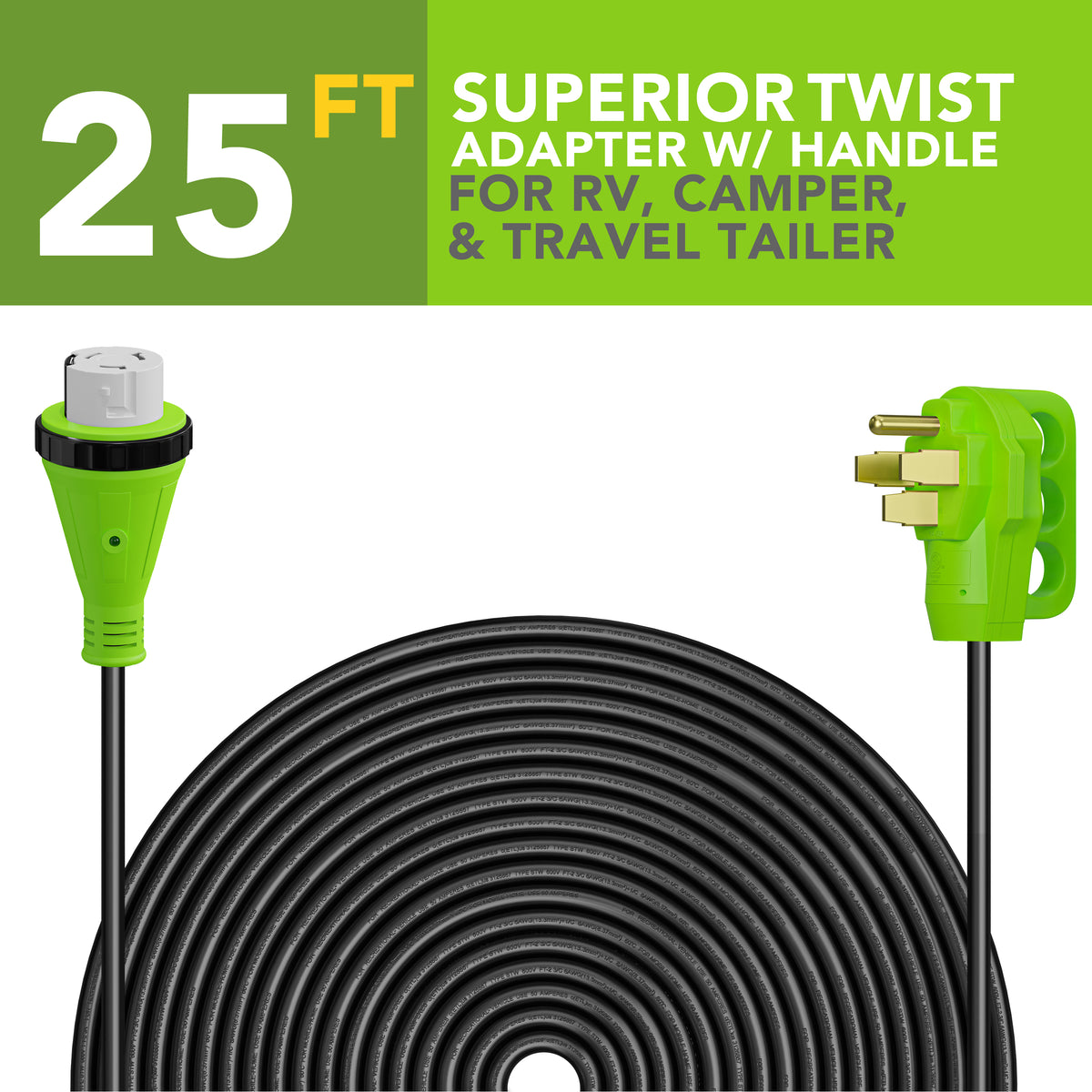 Leisure Cords 50AMP RV Extension Cord Twist Locking 25 Foot (Green)
