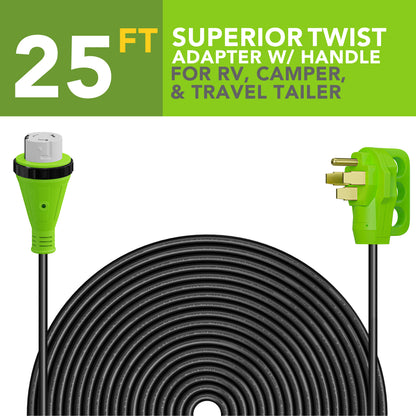 Leisure Cords 50AMP RV Extension Cord Twist Locking 25 Foot (Green)