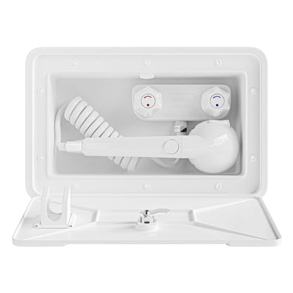 Leisure Coachworks RV Exterior Shower Box Kit for Cowboy Shower with Coiled Hose 13.38 Inch x 8.47 Inch (White)