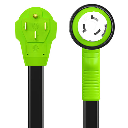 Leisure Cords 50AMP RV Extension Cord 90 Degree Handles Twist Locking Flat Cord Profile 15 Foot (Green)
