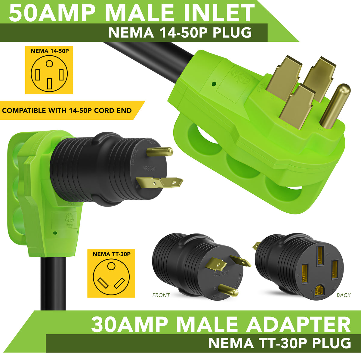 Leisure Cords 30AMP RV Electrical Adapter Standard NEMA TT-30P to 14-50R 4 Inch (Black)