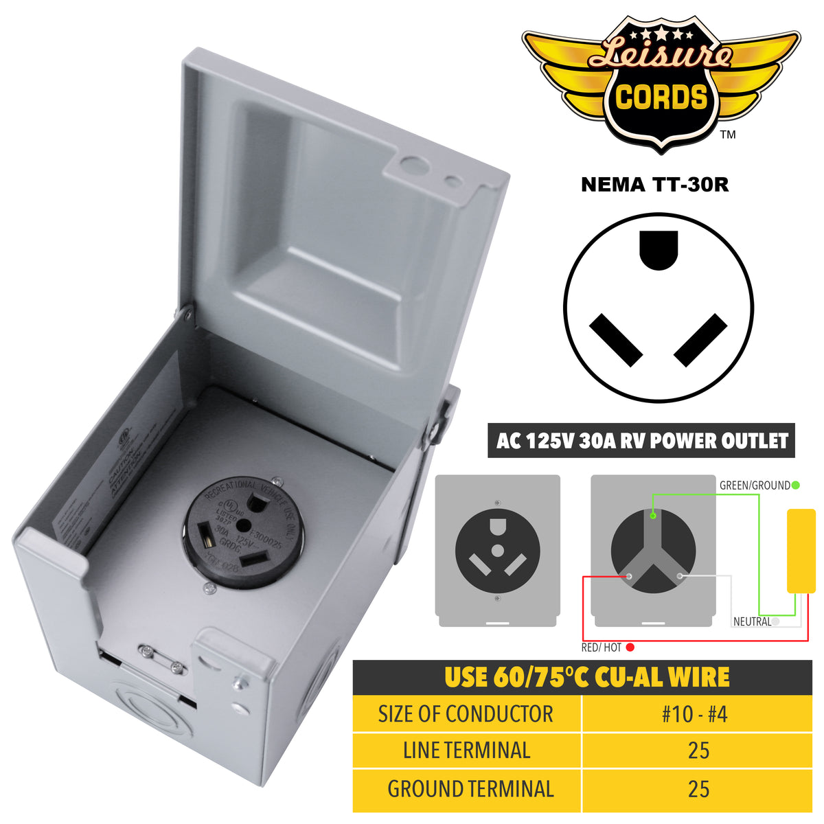 Leisure Cords 30AMP RV Generator Power Inlet Box NEMA TT-30R 5 Inch (Grey)