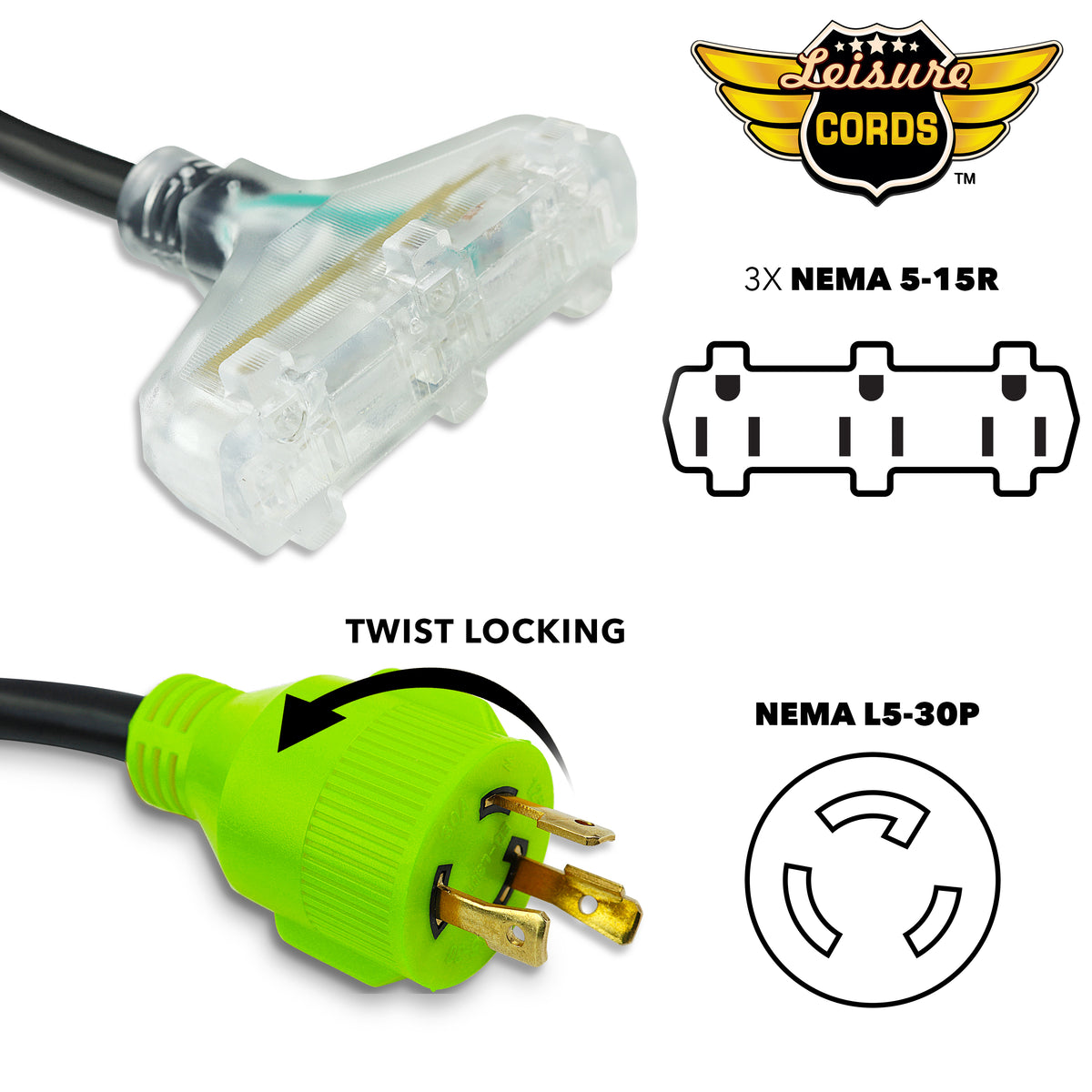 Leisure Cords 30AMP RV Dogbone Adapter Cord Generator Tri-Outlet NEMA L5-30P to 5-15R 18 Inch (Green)